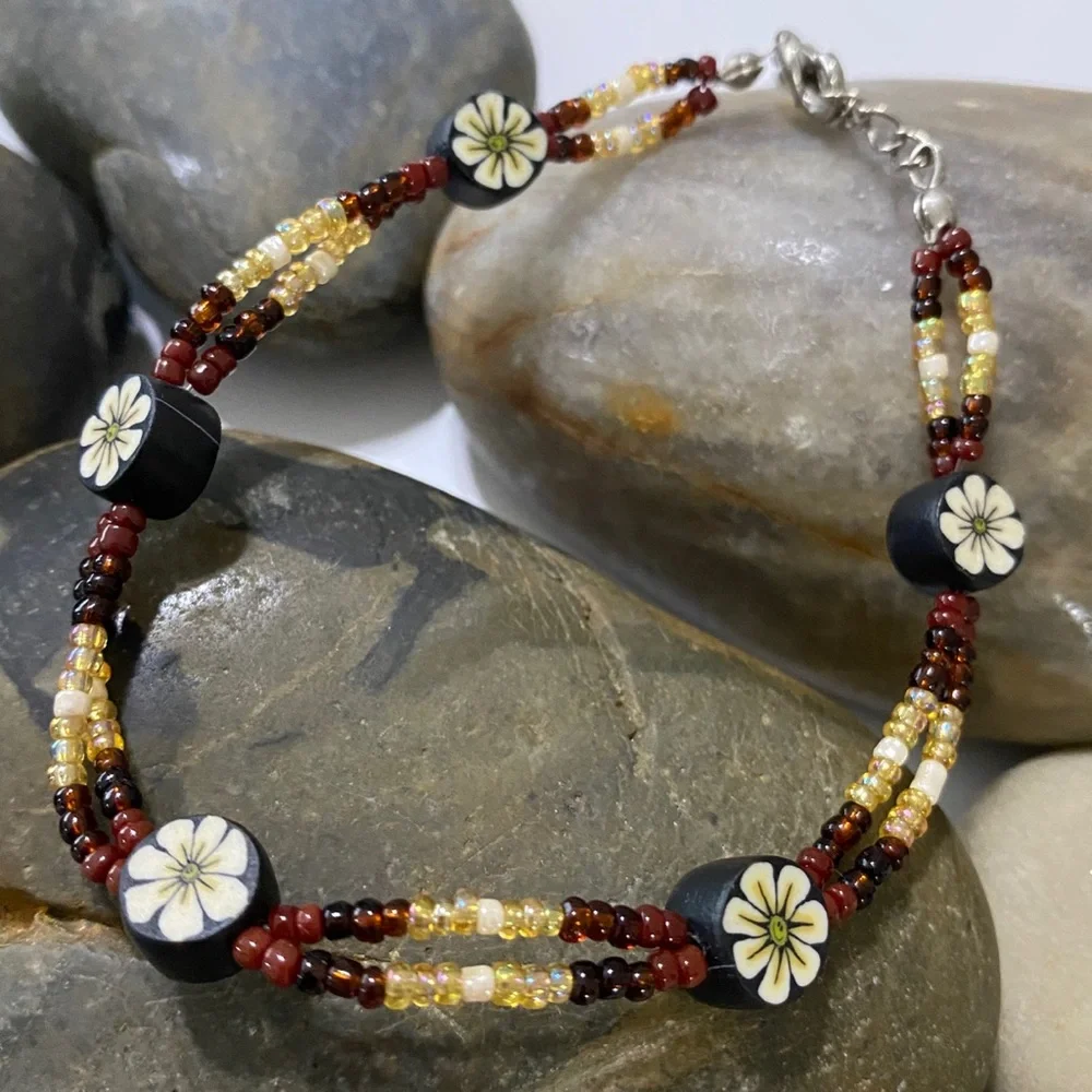 Handmade Brown & White Hibiscus Fimo Polymer Clay Beaded Boho Ankle Bracelet